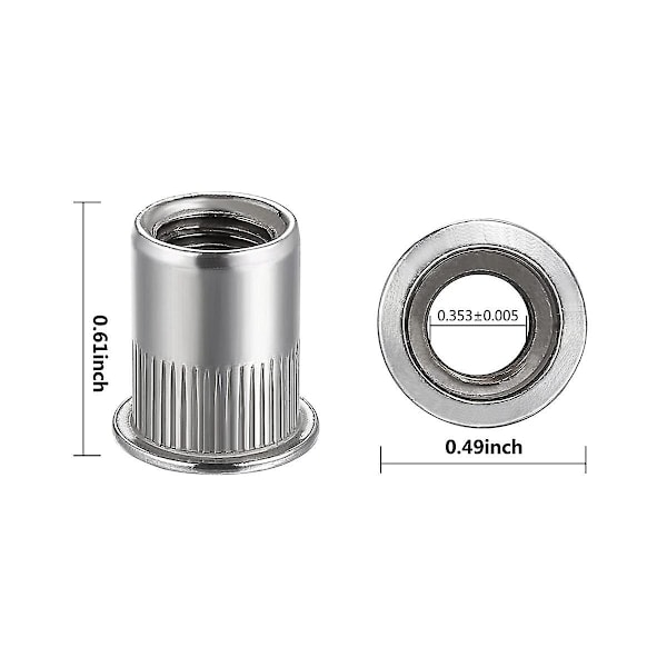 XJ-Nut 100 stk. 1/4in-20unc Rustfritt Stål 304 Finish Flat Hode Rivnut Gjenget Innsettingsmutter Riflet Kropp