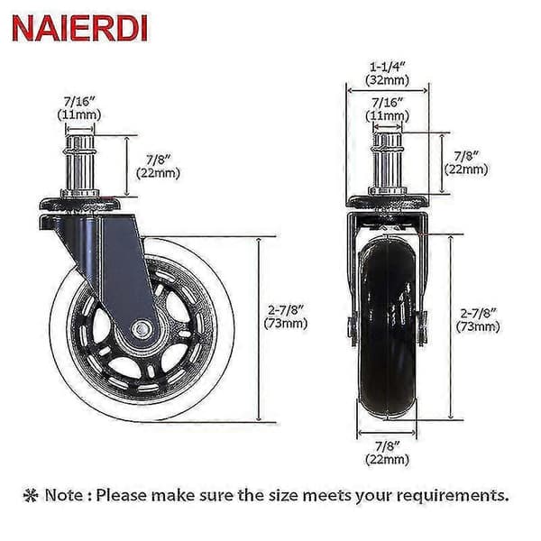 Swivel Rubber Caster Office Chair Wheels Replacement 60kg Soft Safe Rollerblade Style 11mm