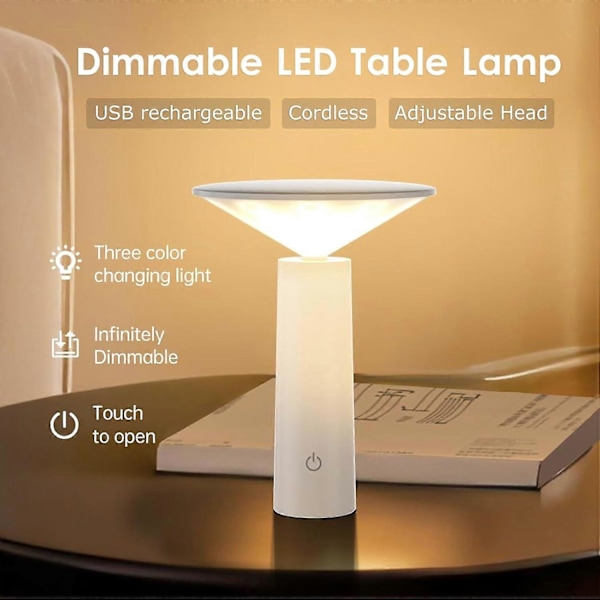 XJ-Trådløs Bordlampe, USB Oppladbar Bordlampe, LED Trådløs Sengelampe Berøringsdimbar, 3 Farger, for Restaurant, Soverom, Utendørs, Svart [Energi
