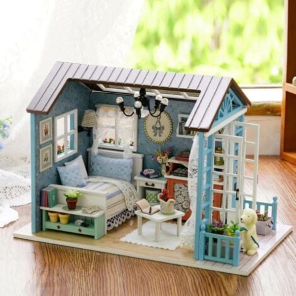 DIY Mini Dockhus Träkoja Miniatyr Möbelset Handgjort Husmodell Leksaker med LED-lampor Gåvor till Barn Drömmande Dekoridéer Present