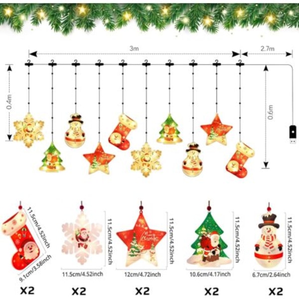 10 st Jul Fönsterlampor Inomhus, 3M 100 LED 3D Jullampor, 8 Lägen USB Jul Fönstergardin Lampor, för Inomhus eller Utomhus Hemfest