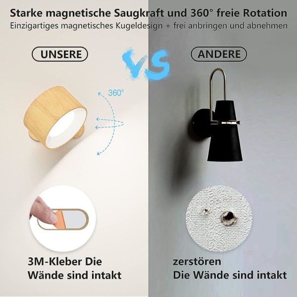 Vägglampa för inomhusbruk, dimbar batteridriven vägglampa med USB-laddningsport, LED-vägglampa för inomhusbruk, beröringskontroll, 360 graders rotation, fö...