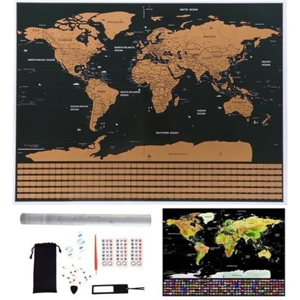 XJ-Raaputuskartta tarvikkeilla / Scratch Map / Maailmankartta - 82 x 59 cm
