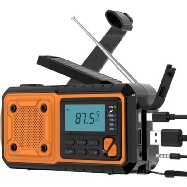 Solarradio Bærbar Radio, Nødradio Vær 4000mAh Sveiveradio med FM/AM(MW)/SW/WBA Dynamo Radio, med LED Lommelykt/SOS Alarm/Kabel