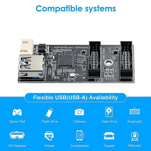 XJ-Usb 3.2 Gen1 -kaksois-19-nastainen urosadapterikortti, 5 Gbps Usb3.0 - 2-porttinen 19-nastainen laajennuskortti Windowsille