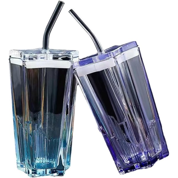 XJ-Kreativ glasdrickskopp med lock och sugrör, trendig gradientdryck, juice, tekopp, mjölk, kaffeglas, 300 ml