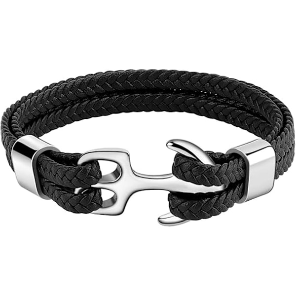 XJ Armband för män och kvinnor, handgjort läderarmband i kohud, flerlagers vintage ankararmband, 3 storlekar Silver Svart