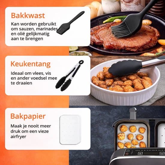 Tilbehørssæt til airfryer, dobbelte airfryer-riste, silikonekurve, bagepapir, tang og børste til Ninja airfryere, sort