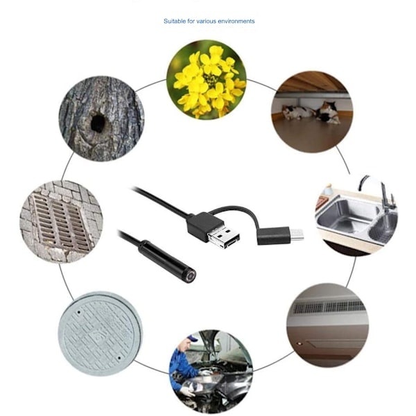 Endoskopkamera, rørinspeksjonskamera, IP67 endoskopkamera med 6 LED-lys 5m myk kabel for iPhone iOS Android smarttelefon