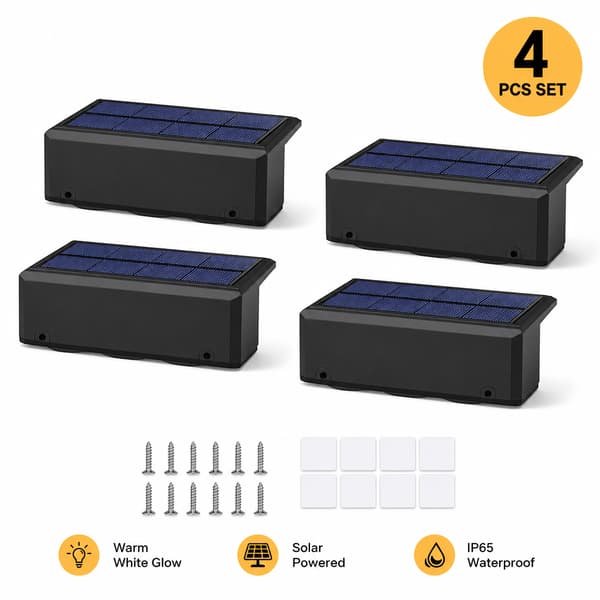 Sæt med 4 Solar Hegnslamper, Varme LED Vandtætte Dækslamper, Sort light (warm light) Four packs