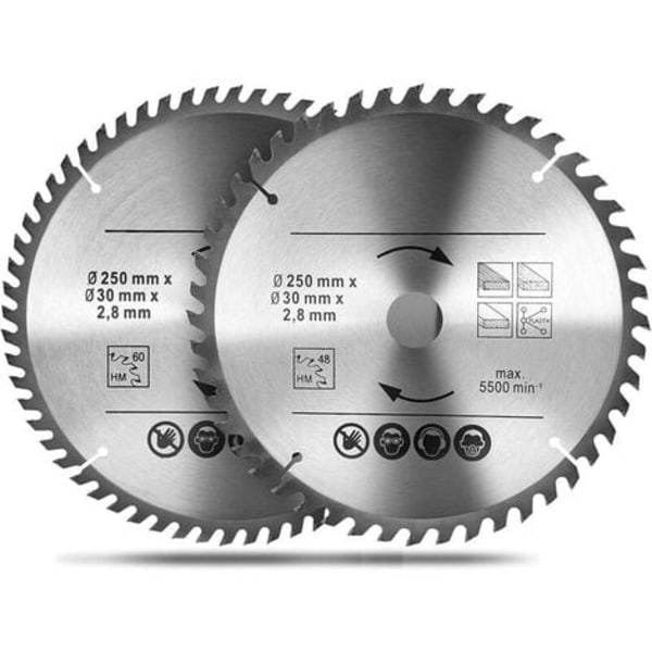 2 stk. 250 x 30 mm sirkelsagblader, 48T & 60T TCT karbid sirkelsagblad, bor for naturlig tre, hardtre, kryssfiner