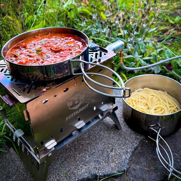 Campingkogesæt, 4-dele rustfrit stål gryder, pande og tallerken med foldbare håndtag, kompakt indlejringsdesign til backpacking