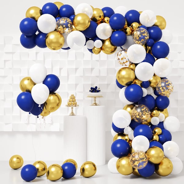 XJ-Marinblå och guld ballongbåge kit 146 st kungligt blått guld vita ballonger för examen födelsedagsfest babyshower dekoration