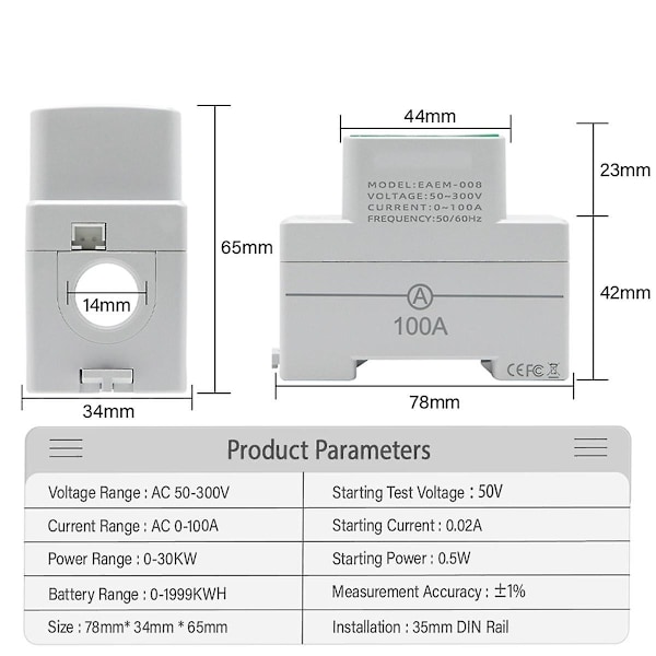 XJ-4i1 Din Skinne AC Monitor AC50-300v 100a Spænding Strøm Watt Kwh Effekt Digital Energimåler Voltmeter