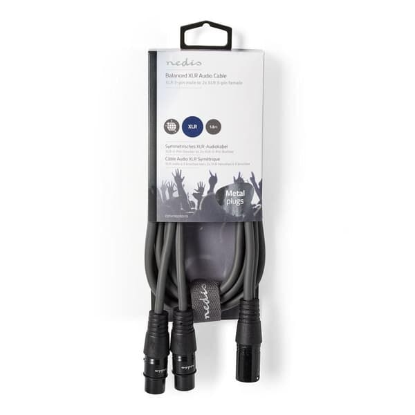 XJ-Balansoitu äänikaapeli | XLR 3-nastainen uros | 2x XLR 3-nastainen naaras | Nikkelipinnoitettu | 1,50 m | Pyöreä | PVC | Tummanharmaa | Pahvikotelo