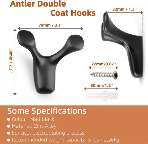 Wall Mounted Hooks, 4 Black Double Child Hooks for Wall, Heavy Duty Wall Hooks for Hanging Jacket, Robe, Dog Leash