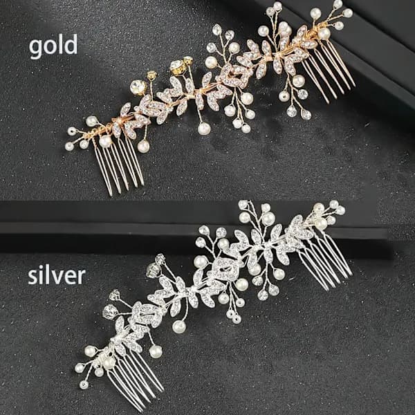 Hårkam med strass, pärlor och blad GULD guld[XJ]