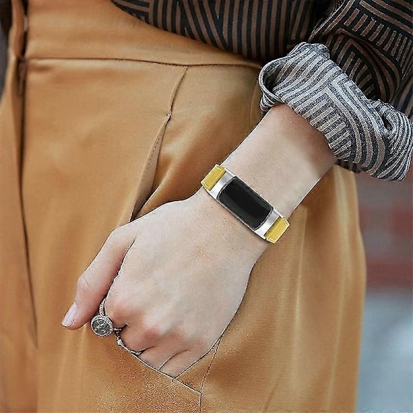 Premium Ekte Lær Justerbart Armbånd for Fitbit Charge 6/5 - Perfekt Gul Yellow Fitbit Charge 6