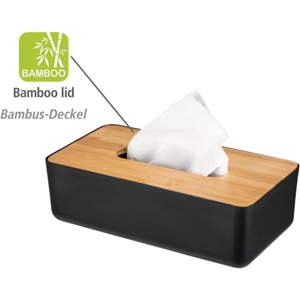 Servietboks, til kosmetiske servietter eller lommetørklæder i standardbokse, plastik, bambuslåg, nem fjernelse, 24,5 x 9 x 12,5 cm, sort/natur