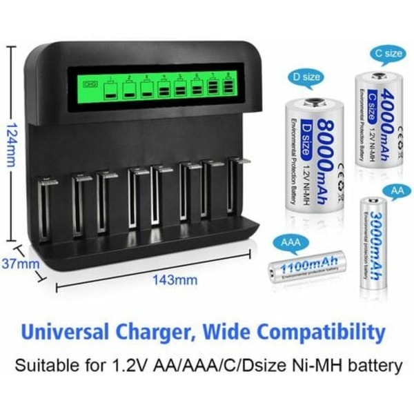 8 Slots Hurtig LED Universel Batterioplader, Batterioplader til AA/AAA/C/D NI-MH NI-CD Genopladelige Batterier med USB-Port