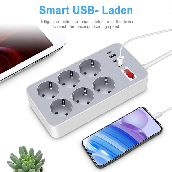 XJ-Smart stikdåse med 4 porte 3 USB A 1 USB C 6 Multiple stik Overspændingsbeskyttelse 1,2 m kabel