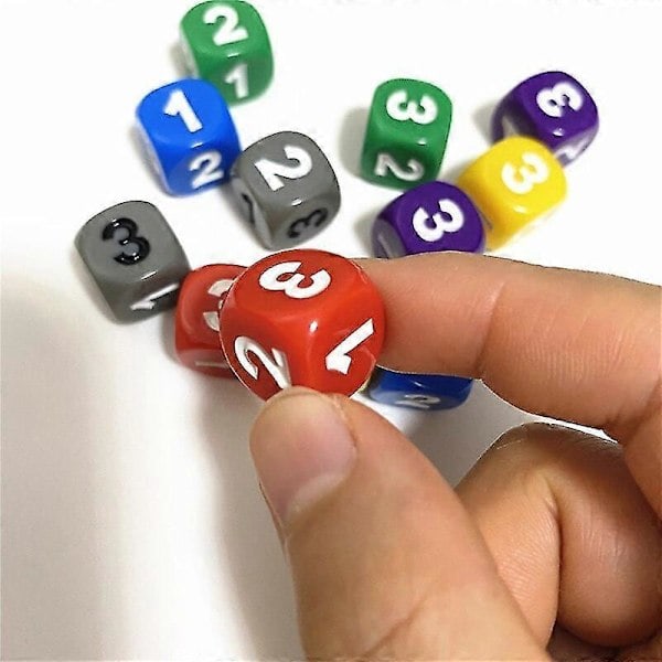 10 stk. Terninger med tal 1 2 3 1 2 3 D6 14mm Akryl Terninger 6-sidede Terninger til Brætspil Kuber 6 Farver Shry