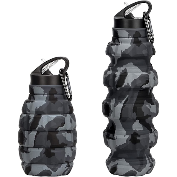 XJ-Grenade kokoontaitettava juomapullo 580ml BPA-vapaa tiivis elintarvikesilikoni juomapullo urheilupullo pyöräilyyn, urheiluun, festivaaleille karabiinilla (YJD)