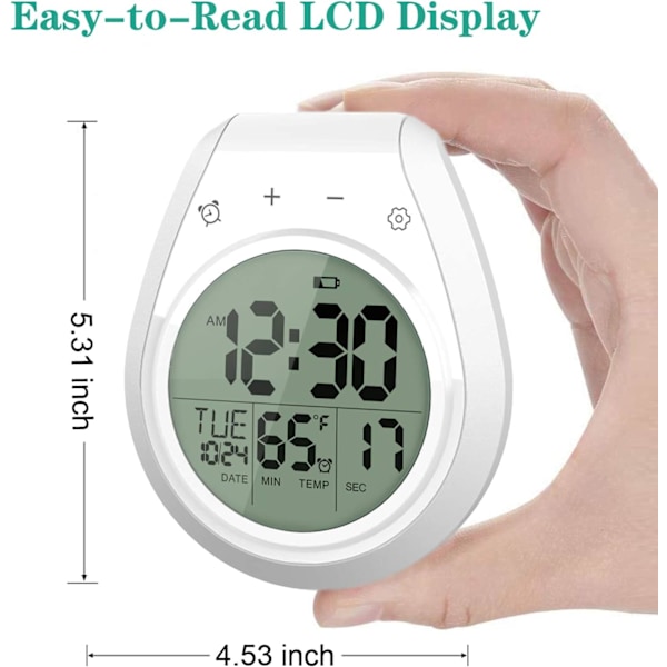XJ-Digital Dusjklokke Vanntett, Baderom Timer Klokke, Digital Kjøkken Veggklokke, Stor LCD-skjerm, 12/24 Timers Format, Innetemperatur