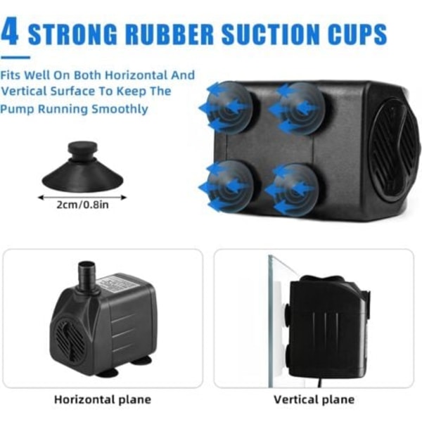 Mini Vannpumpe (1800 l/t, 25 W) - Dam Pumpe / Brønnpumpe / Akvariumpumpe - Maksimal Sprøytehøyde: 2 m - Sugekopper i Bunnen - 1,8 m Plug Kabel
