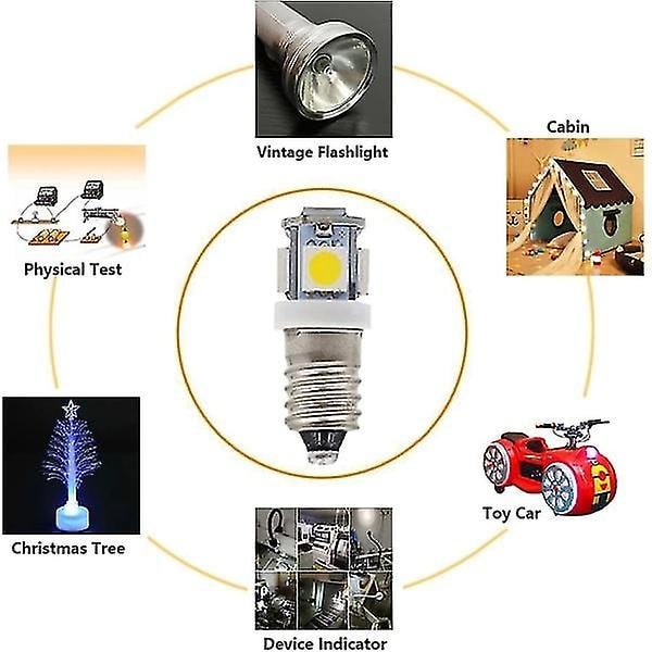 10 stk E10 6V LED-lamper 5SMD 0,5W 50LM - Lampe Kald Hvit