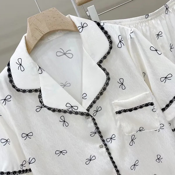 Naisten Pyjamasetti Kevät Kesä 2-osainen Rusettiprintti Pyjama Tekosilkki Satiini Yöasu Lyhythihainen Pijama Mujer Pjs Kotiasu