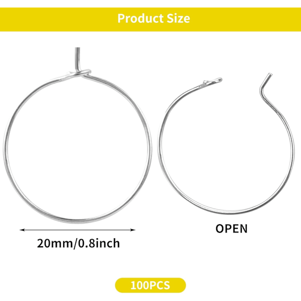 XJ-100 stk. øreringe hoops til smykkefremstilling, øreringe vinglas hypoallergeniske øreringe stifter i rustfrit stål DIY øreringe wires fund (20mm)