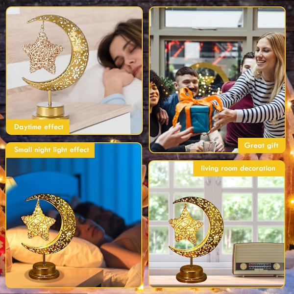 Ramadan bordlampe med halvmåne, blank metall, stjernelampe, månelampe, batteridrevet, dekorativ Eid-lampe, nattlampe, måneskinn for b Moon rattan star...