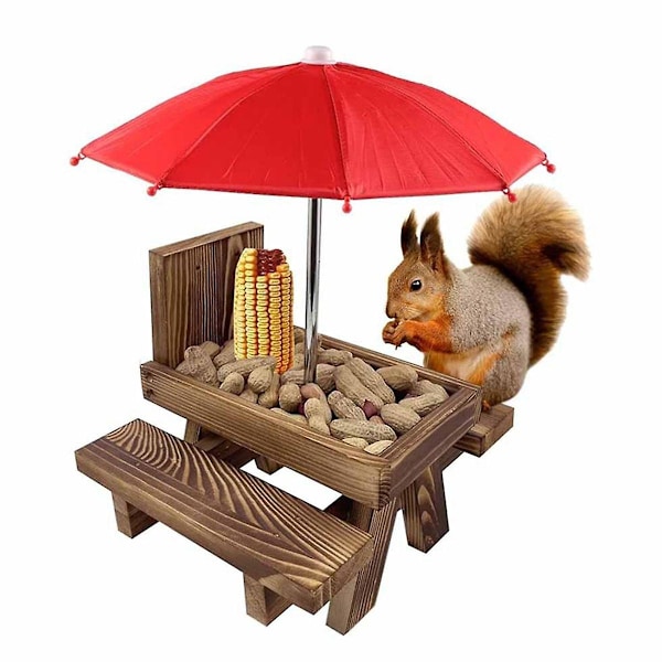 XJ-Ekorrmatare Picknickbord Med Parasoll, Trä Ekorrmatare För Utomhusbruk, Söt Jordekorrmatare