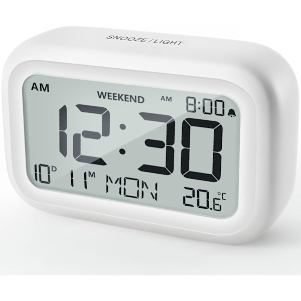 XJ-Digital vekkerklokke for nattbordet - Batteridrevet klokke med LCD-display, justerbar volum, snooze og helgemodus for soverom, skrivebord og reiser