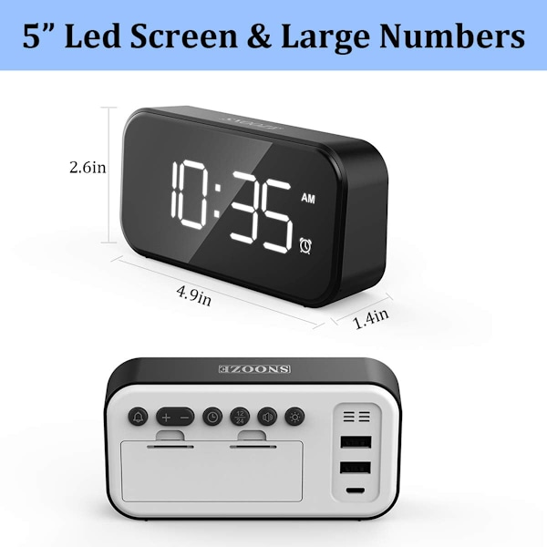 XJ-LED Digital Väggklocka Sängbordsklocka med Sladd, 5 LED Digital Display Snooze Väggklocka, 12/24 Timmar, 6 Ljusstyrkenivåer, Snooze-funktion, Vit