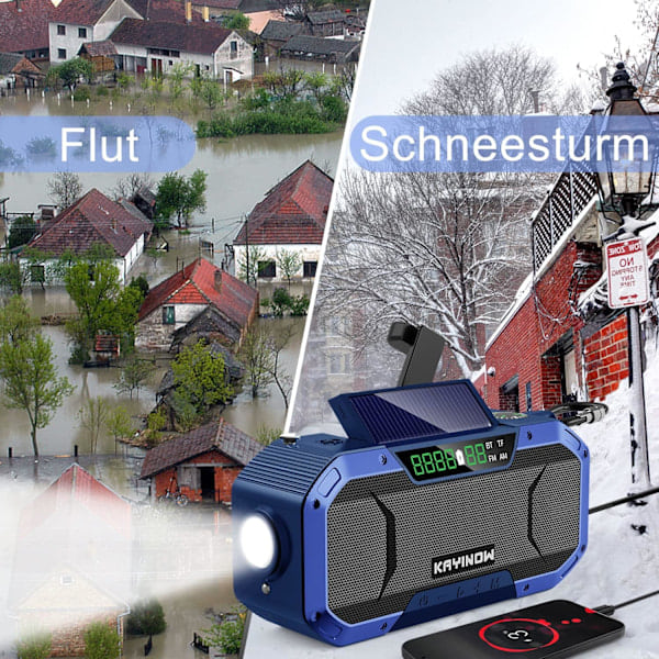 Solarradio - Bluetooth-högtalare, IPX5 vattentät bärbar AM/FM-överlevnadsradio, 5000mAh uppladdningsbart batteri multifunktionell nödradio, blå