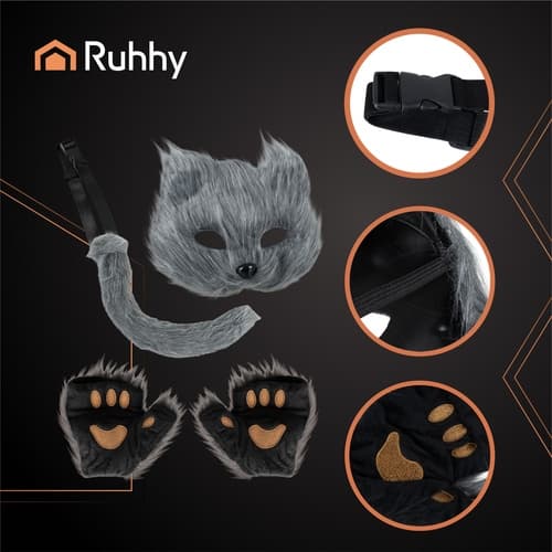 Cat Mask with Paws and Adjustable Tail – 4 Pieces grå gray