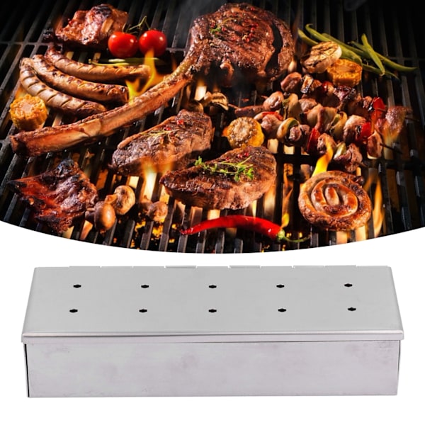 XJ-BBQ Rökbox, Grillbox, Rökbox med 10 hål i rostfritt stål, BBQ Träflis Rökbox, Utomhus Grillverktyg