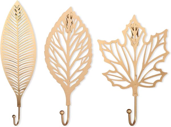 Self-adhesive hooks, 3-pack wall hooks leaf cast iron decorative wall hooks
