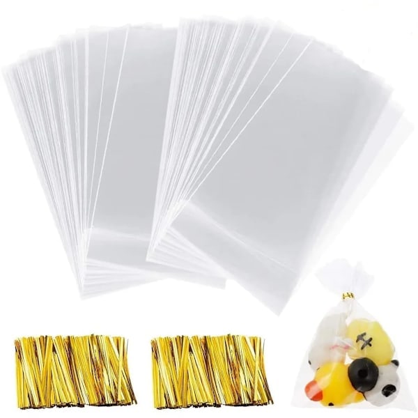 200 stk. transparente cellofanposer, 10x15 cm klare cellofanposer med metaltråde, slikposer, OPP-poser, chokolade slikposer plastposer
