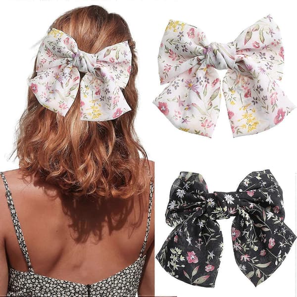 Chiffon Sløyfe Hårspenne Elastisk Hårspenne for Kvinner Fest Hodeplagg (svart+hvit) 2 stk