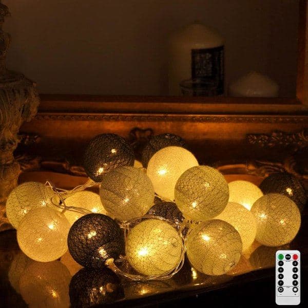 Cotton String Lights, 20 LED USB String Lights with Remote Control and Timer, Indoor Light Ball String for Christmas Party Kids Bedroom Grey