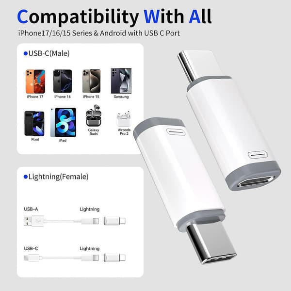 4-pakning Lightning til USB C-adapter for iPhone 15/16/17 Pro/17 Pro Max, for iPhone 17/16-lader, 17/16-tilbehør, rask lading og dataoverføring, USB C C