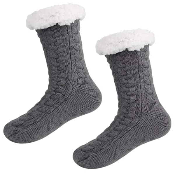 Luddiga Varma Stickade Sockor Tofflor med Halkskydd grå one size