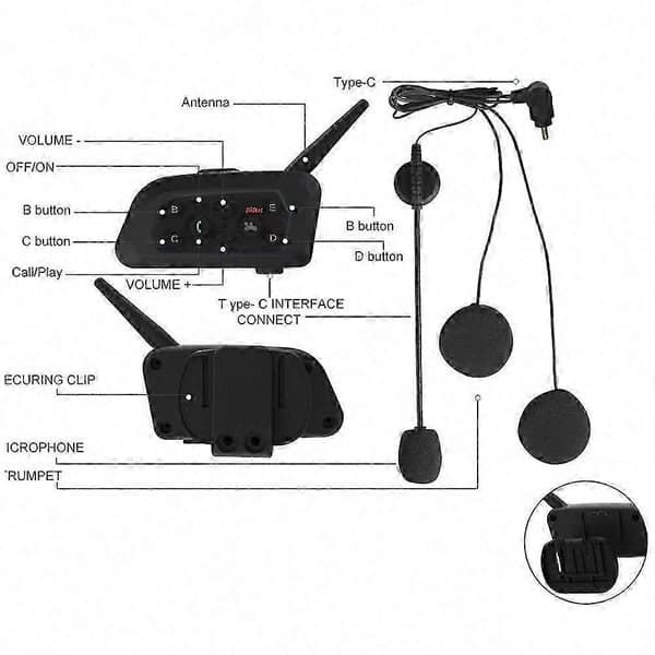 V6 PRO 800M Motorcykel Bluetooth Hjelm Headset Intercom til Motorcykel 6 Ryttere BT Trådløs Vandtæt Interphone Black