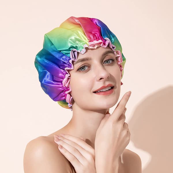 To regnbuebadehætter til piger, børns vandtætte genanvendelige vaskbare bløde PVC-forede badehætter