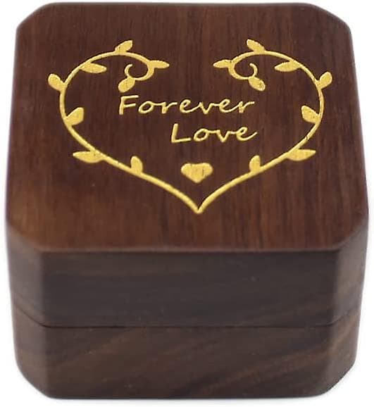 Rustikk tre-ringboks, gravert med ordene \"Forever Lover\" i gull, for forlovelse og oppbevaring av gifteringer