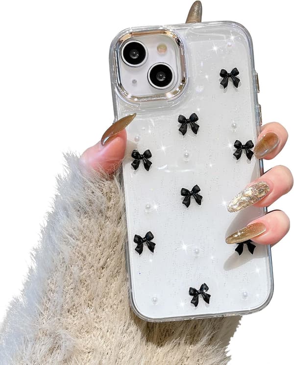 Case for iPhone 14 Plus, Bling Glitter 3D Bow Phone Case Cute Glittery Crystal Clear Bow Slim Soft Durable Protective Cover Black Black iPhone 14 Plus