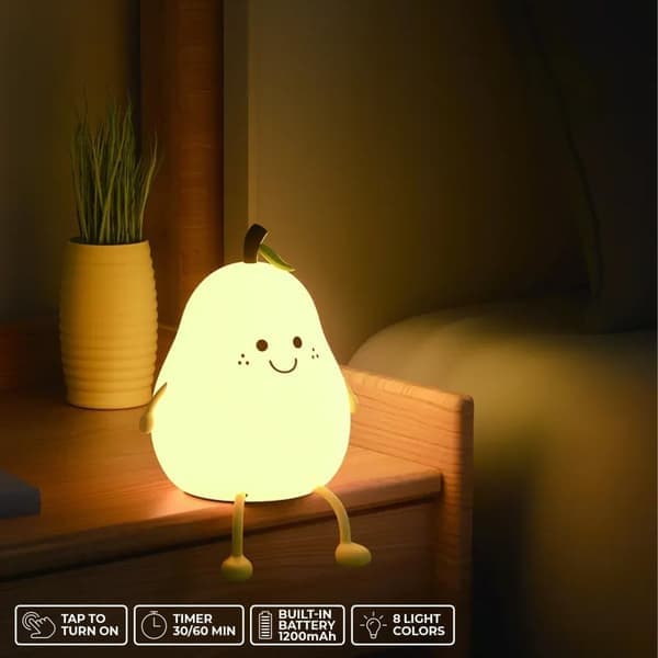 LED Night Light Silicone Pear - 7 Colors Dimmable - Timer & USB Charging - For Children's Bed